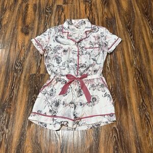 Victorias Secret Size M Romper Pink Floral Satin Short Sleeve Pockets Pajamas PJ